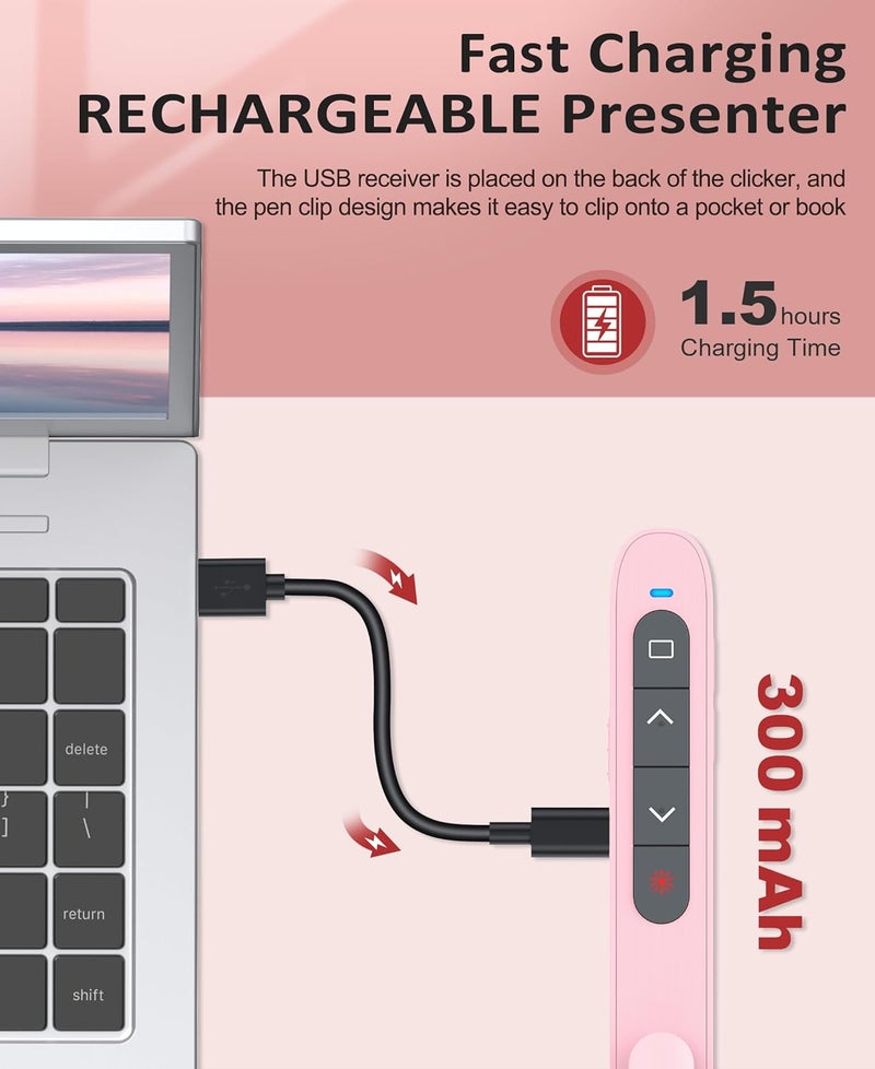 HEYLACOOLX Presentation Clicker Rechargeable Pink Wireless Presentation Remote Presenter Long Range PPT Clicker with Pointer Slide Advancer for Classroom Teacher Mac/Windows/Linux, Google Slide/PPT/Keynote - Image 2